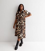 New Look Curves Brown Leopard Print Short Puff Sleeve Midi Shirt Dress